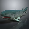 Marine Animal Fish With Green And Gray Body Open Mouth Teeth Fins Tail Dark Background Reflection