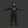 Futuristic Male Character In Metallic Armor With Blue Circular Emblem And Outstretched Arms