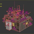 Lush Green House with Multiple Rooftop Plants Windows and Yellow Lights