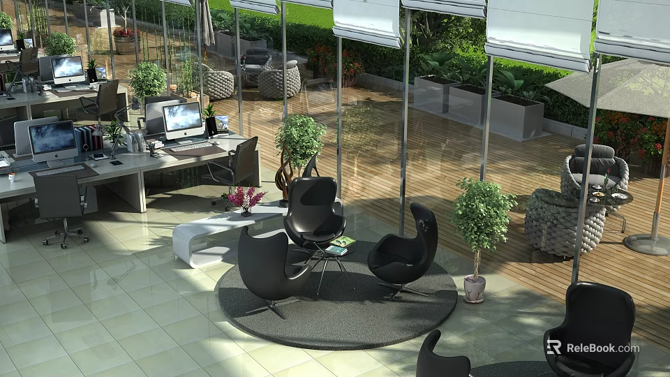 Modern Lounge Area With Black Chairs Round Coffee Table Green Plants And Glass Walls 3d model 