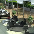 Modern Lounge Area With Black Chairs Round Coffee Table Green Plants And Glass Walls