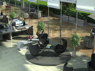 Modern Lounge Area With Black Chairs Round Coffee Table Green Plants And Glass Walls 3d model