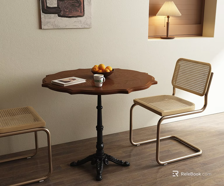 Wooden Round Dining Table Set with Rattan Chairs Metal Frame Wall Art and Table Lamp 3d model 
