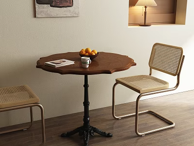 Wooden Round Dining Table Set with Rattan Chairs Metal Frame Wall Art and Table Lamp 3d model