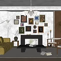 Warm Living Room Interior With Yellow Sofa Framed Pictures Fireplace Chandelier And Plants