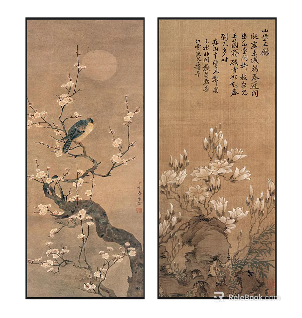 Traditional Chinese Painting With Plum Blossoms Bird Moon And Magnolia Calligraphy 3d model 