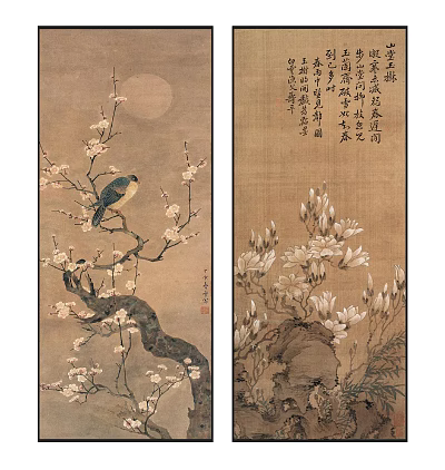 Traditional Chinese Painting With Plum Blossoms Bird Moon And Magnolia Calligraphy 3d model