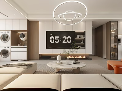 Modern Living and Dining Room Interior Design With Circular Chandelier TV Wall Fireplace and Sofa 3d model