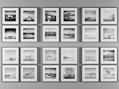 Black and White Framed Landscape Paintings Arranged in Grid on Wall 3d model