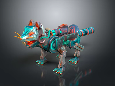 Mechanical Cat Home Decor Figurine With Blue Green Orange Metallic Texture And Glowing Eyes 3d model