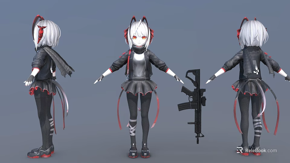 Anime Woman With Cat Ears In Black Red Outfit Holding Rifle 3d model 