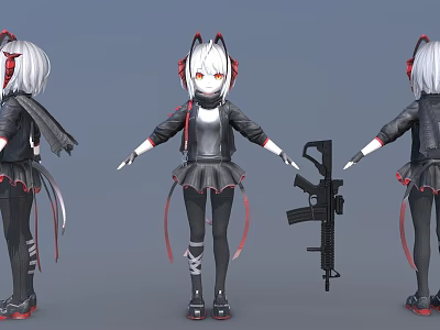 Anime Woman With Cat Ears In Black Red Outfit Holding Rifle 3d model