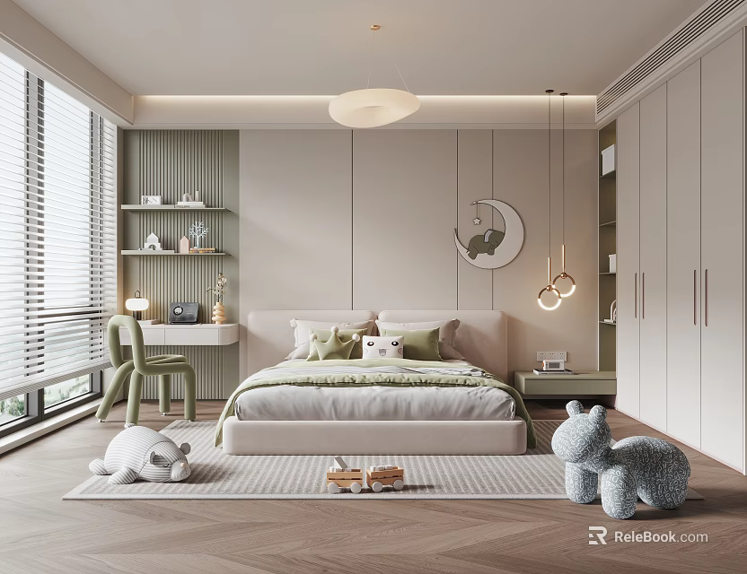Children's Bedroom With Light Green Beige Interior Bed Green Bedding Window Blinds Stuffed Toys Rug 3d model 