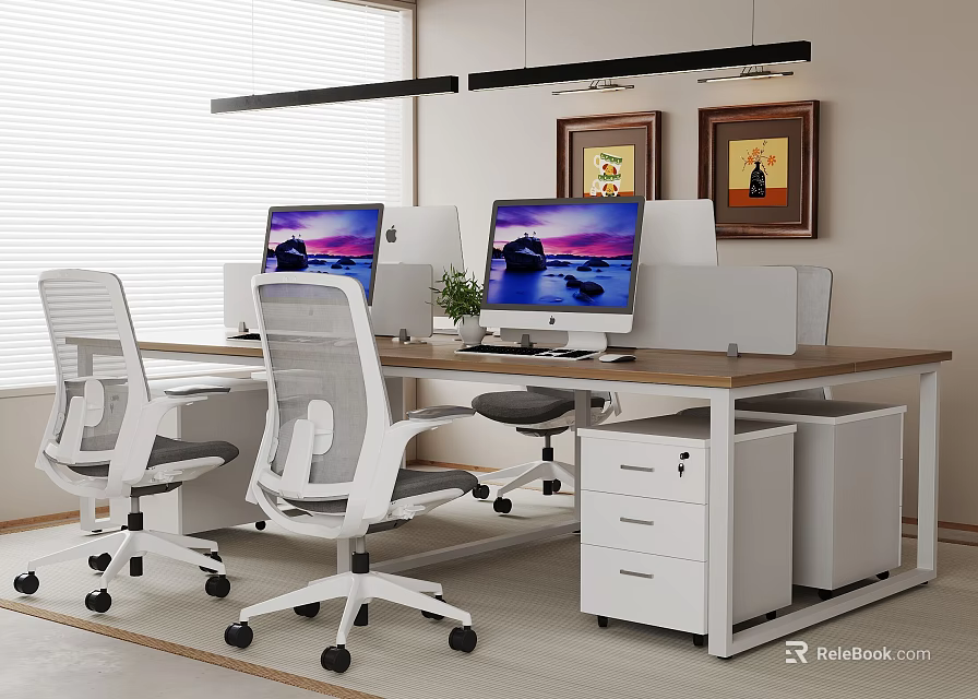 Modern Public Office Space Interior With Computer Monitors Office Chairs Framed Paintings And Potted Plant 3d model 