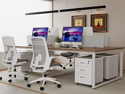 Modern Public Office Space Interior With Computer Monitors Office Chairs Framed Paintings And Potted Plant 3d model