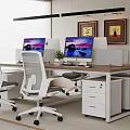 Modern Public Office Space Interior With Computer Monitors Office Chairs Framed Paintings And Potted Plant