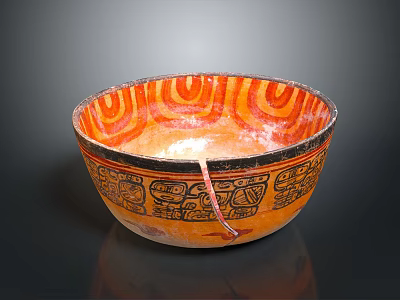 Traditional Carved Bowl With Intricate Orange Red Spiral And Black Geometric Patterns 3d model