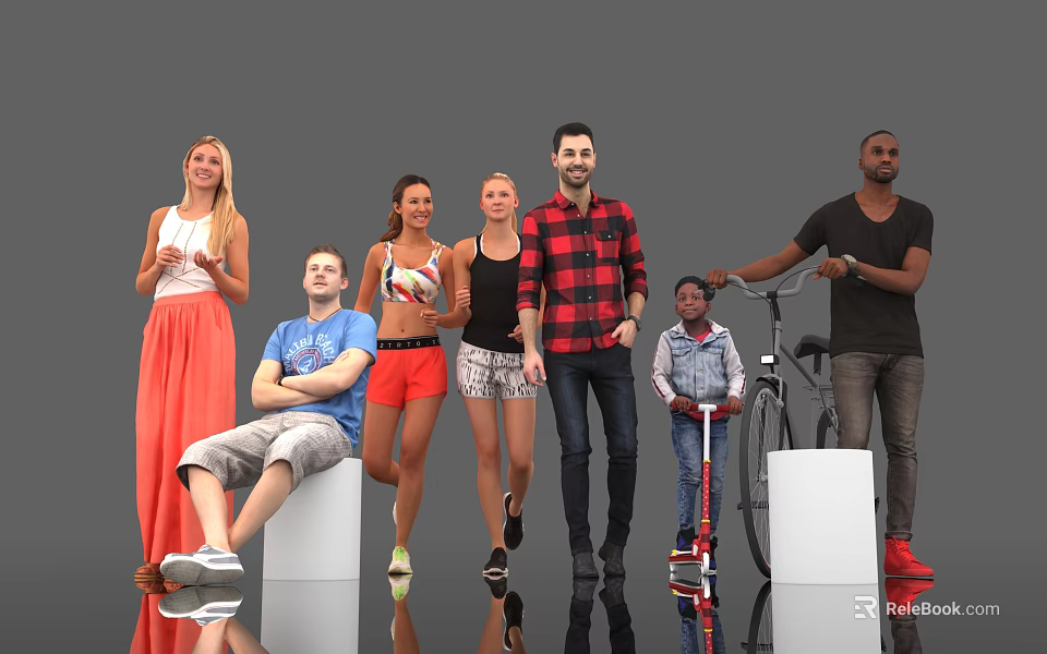 Group of Diverse People Standing and Sitting with Bicycle Scooter and White Cubes 3d model 
