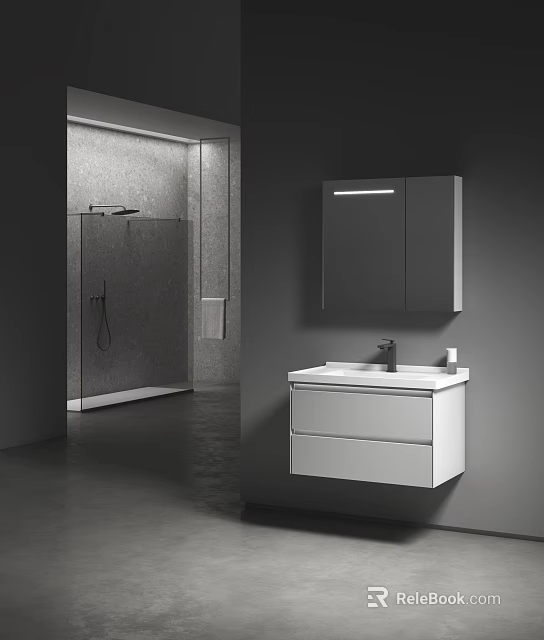 Sleek Modern Bathroom Vanity With White Cabinet Lighted Mirror And Drawers 3d model 