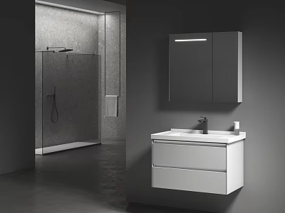 Sleek Modern Bathroom Vanity With White Cabinet Lighted Mirror And Drawers 3d model