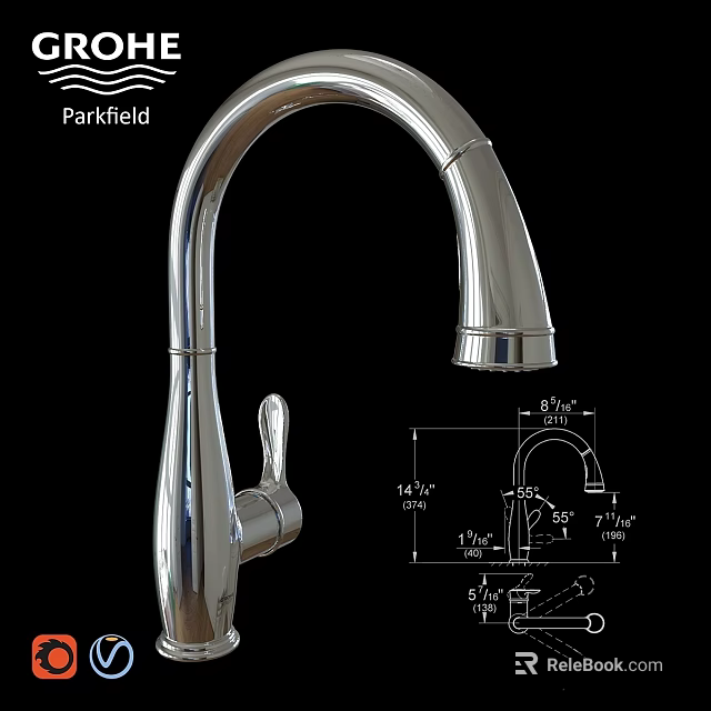 Parkfield Chrome Kitchen Faucet With Modern Design Curved Spout And Dimensions 3d model 