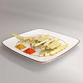 Crispy Yellow French Fries on White Square Plate with Red and Yellow Seasoning Powders