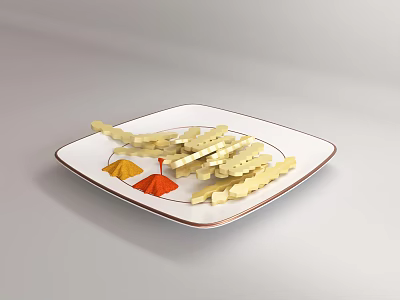 Crispy Yellow French Fries on White Square Plate with Red and Yellow Seasoning Powders 3d model