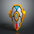 Futuristic Shield Design With Yellow Silver Blue And Red Accents Geometric Patterns And Central Gem