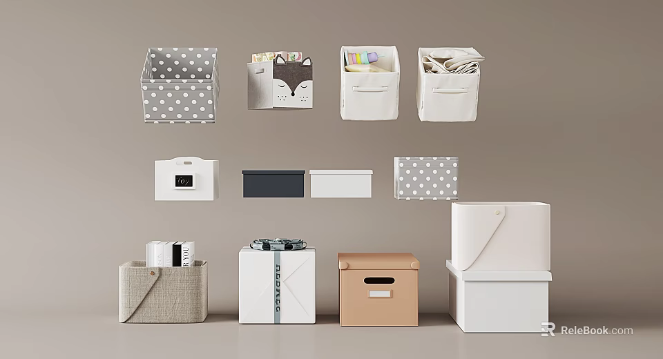 Stylish Storage Boxes for Organizing Household Items with Polka Dot and Cat Patterns 3d model 