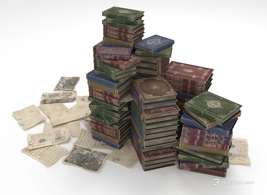 Pile Of Vintage Books With Scattered Old Papers On White Background 3d model 