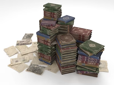 Pile Of Vintage Books With Scattered Old Papers On White Background 3d model