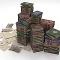 Pile Of Vintage Books With Scattered Old Papers On White Background