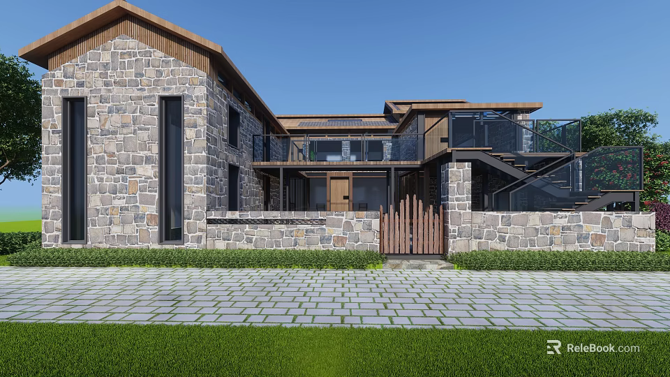 Rustic Guesthouse Building With Stone Walls Wooden Balcony Stone Pavement And Lawn 3d model 