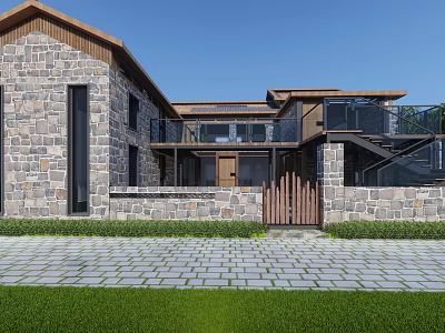 Rustic Guesthouse Building With Stone Walls Wooden Balcony Stone Pavement And Lawn 3d model