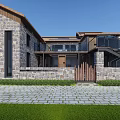 Rustic Guesthouse Building With Stone Walls Wooden Balcony Stone Pavement And Lawn