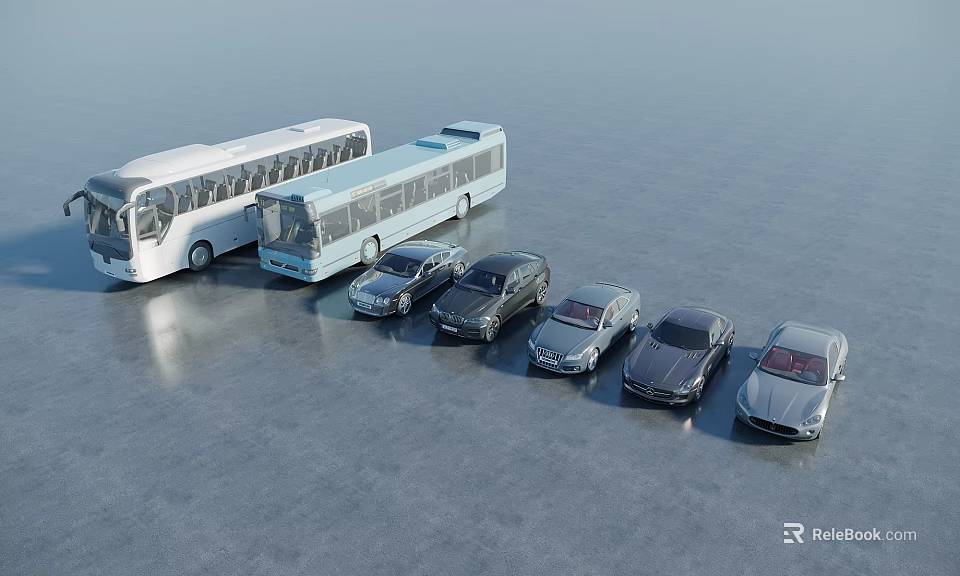 Cars and Buses Lined Up on Gray Ground with White and Light Blue Vehicles 3d model 