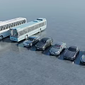 Cars and Buses Lined Up on Gray Ground with White and Light Blue Vehicles