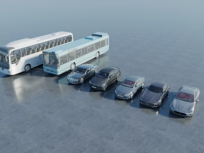 Cars and Buses Lined Up on Gray Ground with White and Light Blue Vehicles 3d model
