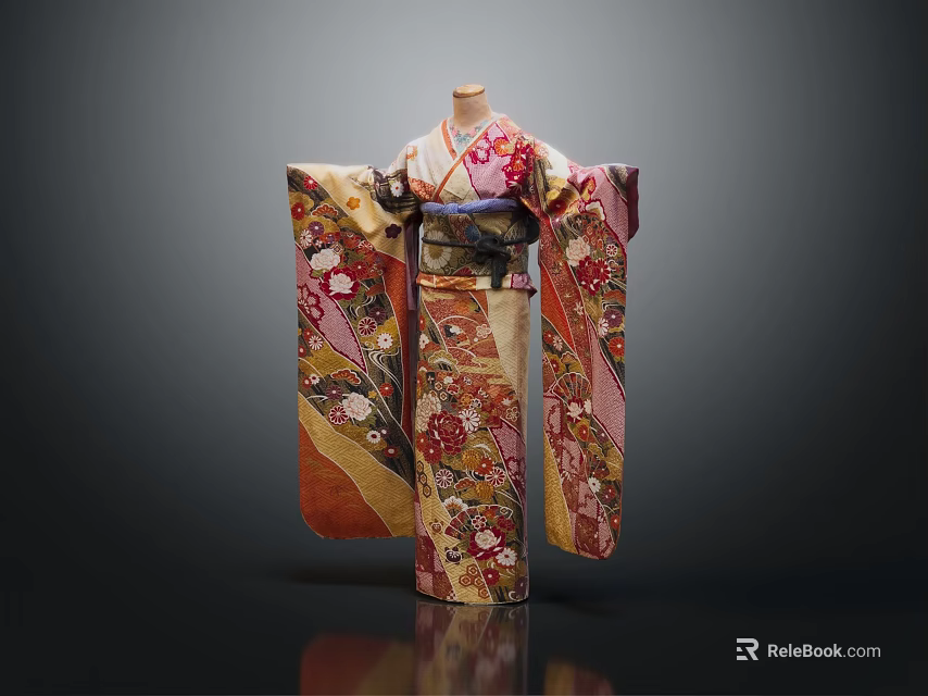 Traditional Kimono with Floral Print Vibrant Colors on Mannequin Dark Background 3d model 