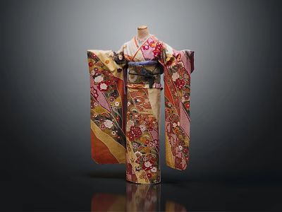 Traditional Kimono with Floral Print Vibrant Colors on Mannequin Dark Background 3d model