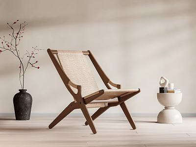 Elegant Wooden Frame Accent Chair With Woven Seat Black Vase And White Round Side Table 3d model
