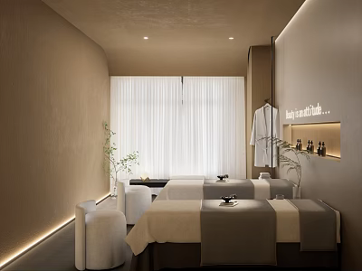 Relaxing SPA Sauna Interior Design With Massage Beds Towels Warm Lighting And Green Plants 3d model