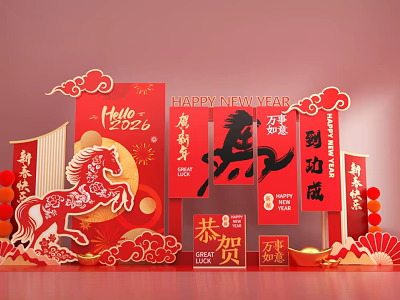 New Year 2024 Photo Spot With Red Decorations Paper Cut Horse And Greeting Signs 3d model