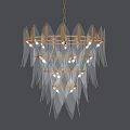 Elegant Feather Shaped Chandelier with Transparent Blades Golden Metal Frame Illuminated on Grey Wall Background