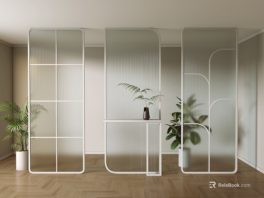 Modern Glass Room Dividers In Interior With Herringbone Floor And Plants 3d model 