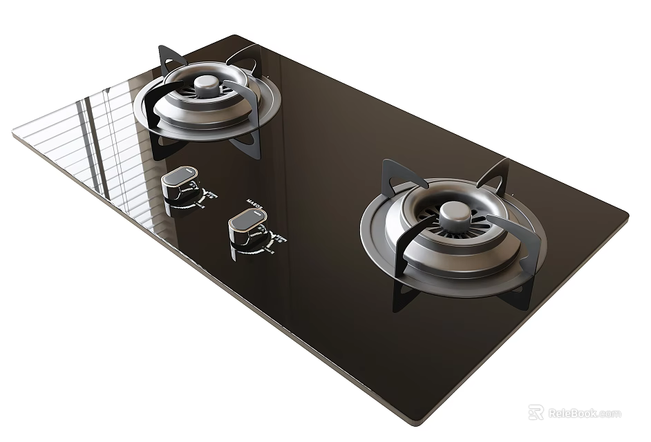Modern Kitchen Appliance Gas Stove With Black Glass Surface Two Burners And Control Knobs 3d model 