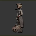 Adorable Child Statue Wearing Dress And Hat Holding Tool On Decorative Base Platform