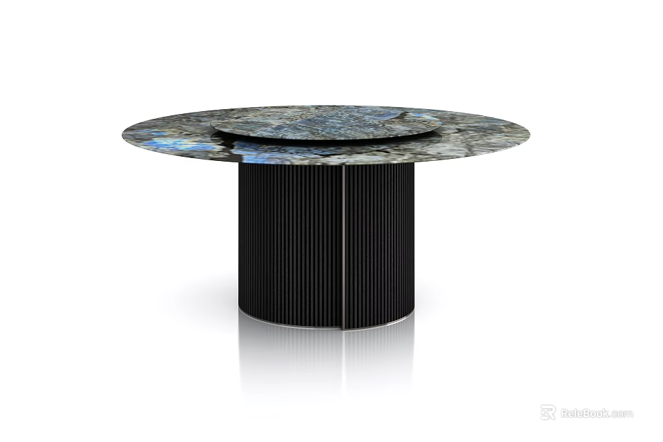 Modern Round Dining Table With Patterned Marble Top And Black Ribbed Base 3d model