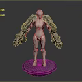 Game Movie Character With Mechanical Body Glowing Blue Lights And Robotic Arms Standing On Base
