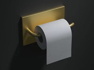 Gold Wall Mounted Toilet Paper Holder With White Roll On Dark Wall 3d model